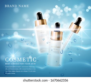 3D eleganter Kosmetikflaschencontainer mit glänzendem Wasser glitzerndem Hintergrund Vorlage Banner.