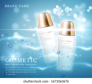 3D elegant cosmetic bottle container with shiny water glimmering background template banner.