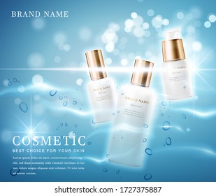 3D elegant cosmetic bottle container with shiny water glimmering background template banner.