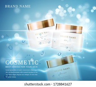 3D elegant cosmetic bottle container with shiny water glimmering background template banner.