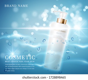 3D elegant cosmetic bottle container with shiny water glimmering background template banner.