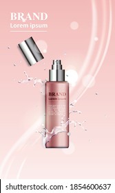 Frasco de frascos estéticos 3D elegante con banner de plantilla de fondo brillante.