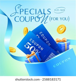 3d elegant coupons inside a gift box with golden coins and ribbons flying around, isolated on background. Elegant gift vouchers with coupon code, price off banner template in 3d vector