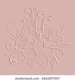 3D elegante en relieve floral línea arte hermosa composición de patrón en tonos suaves de color rosa, con lirios florecientes y remolinos decorativos sobre un fondo monocromático. Superficie de relieve texturizado en relieve de flores.