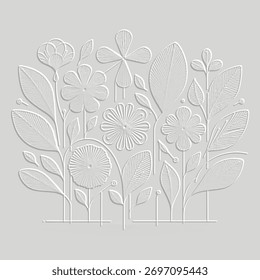 3d elegant embossed line art floral pattern in a delicate white and gray paper cut style. Abstract relief lines flowers and leaves with a beautiful, decorative texture. Modern surface emboss design.