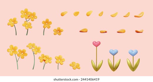 3D elegant floral elements. Petals, yellow and heart shape flower isolated on light pink background