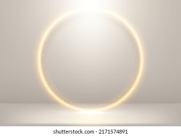 3D elegant glowing golden circle with lighting and gold glitter on stage beige background. Ring backdrop on studio room. Vector illustration