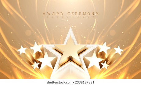 3d elegant golden star element with fire effect and glitter light effect decoration. Luxury award ceremony background design concept.