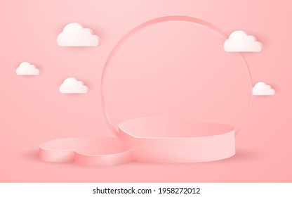 3d elegant heart shaped podiums pink background