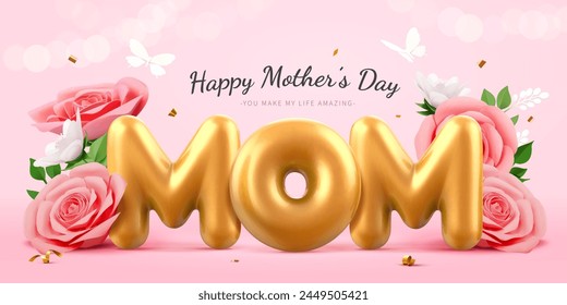 3D elegant Mother's Day banner with golden mom letters and roses on gradient pink background