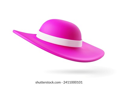 Sombrero elegante de verano rosado 3D con cinta blanca y gran brim. Elemento de diseño de caricatura para concepto de publicidad de moda o viajes y turismo. Ilustración vectorial de la representación 3D.