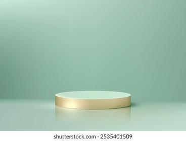 Escena elegante en 3D con un podio blanco con una base dorada sobre un fondo verde claro. Perfecto para exhibiciones de productos de lujo, maquetas y salas de exposición