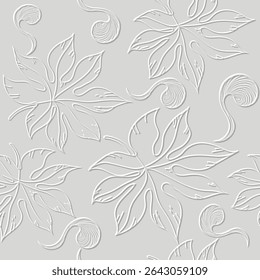 3d Elegant seamless vector pattern with embossed chestnut leaves and abstract swirls on a light gray background. Subtle emboss relief 3D texture with a soft botanical theme. Endless grunge ornaments.