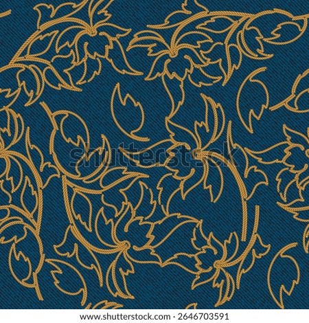 3d elegant seamless vector pattern of golden floral rope embroidery on textured dark blue denim background. Luxury fabric design perfect for textiles and classic fashion projects. Endless texture.