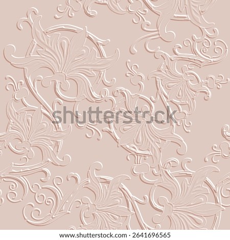 3d elegant textured vintage seamless pattern with embossed floral motifs in soft pastel beige tones, ideal for luxury wallpaper, fabric and classic interior design. Endless vector emboss 3d texture.