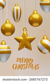 3D Elegant vertical Christmas poster with golden baubles, festive star on a yellow background. Holiday greetings, invitations, banners, posters, seasonal marketing designs.