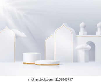 3d elegant white cylinder islamic podium vector with mosque, clouds, leaf shadow, and gold for ramadan, eid al adha, eid al fitr or fitri, muharam, etc