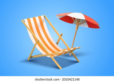 3d element collection of beach chair and umbrella isolated on blue background.