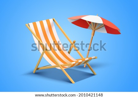 3d element collection of beach chair and umbrella isolated on blue background.