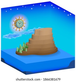 3d element of seascape with mountain and trees. Volumetric clock in the form of steering wheel of ship. Sky with stars. EPS10
