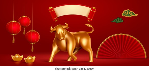 3d element set for 2021 Chinese new year, including gold bull, scroll, lanterns, paper fan, cloud pattern and gold ingots