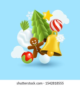 3d elements of christmas, santa claus, christmas tree,bell, gingerbread man,gift in clay style. vector and illustration.