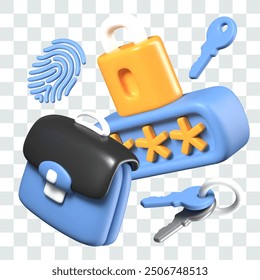 3D elements for cyber security concepts. Briefcase, password lock, fingerprint, keys