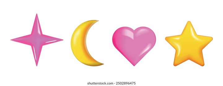 3d elements and forms. Render. Doodle and plastic balls. Trendy modern design. Bubbles. Balloon. Set heart, star, circle, moon. Geometric figure. Explosion. Vibrant and flow shape. Shiny. Template.
