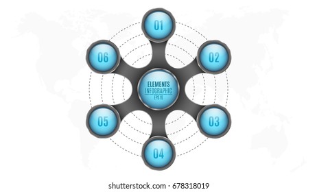 3d Elements of infographics. Blue circles with numbers for your business project. Map of the planet earth. Abstract metal object isolated on white background. Vector illustration