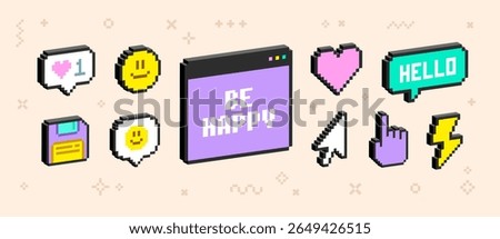 3D elements Pixel game and stickers of 90's aesthetics.   Pixel signs and simbols, emotions, message notice. 3D Sotial media icons in 8-bit retro game background. Editable vector