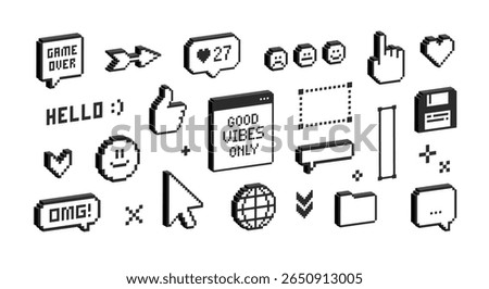 3D elements Pixel game and stickers of 90's aesthetics. 8-bit retro game background. Trendy Y2k 3D geometric brutalism UI interface. Simple pixel forms. Editable vector	