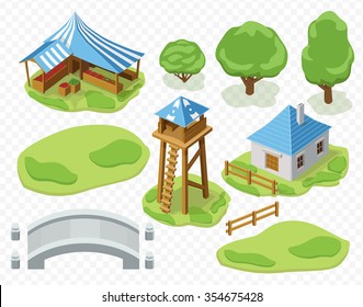 3d elements of settlement : watch tower, market, house, stone bridge, trees, grass