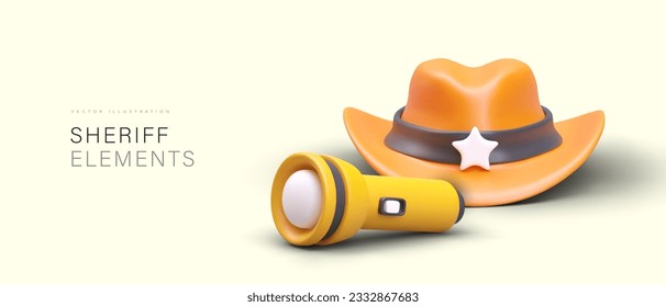 3D elements of sheriff costume. Hat with star, flashlight. Wild west. Concept for store of masquerade, carnival items. Accessories for costume party. Cartoon style banner with text