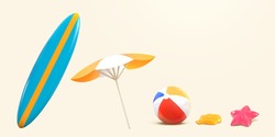 3d Elements Of Summer Beach Objects. Items Used For Sunbathing, Outdoor Activities, Or Leisure Recreation