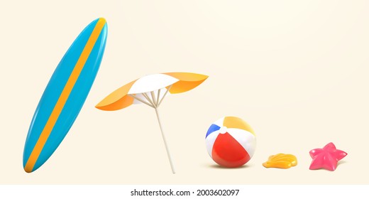 3d elements of summer beach objects. Items used for sunbathing, outdoor activities, or leisure recreation