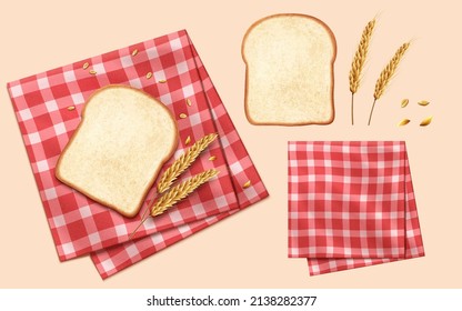 3D Elements of white toast, wheat sheaves, and grains on a red gingham tablecloth