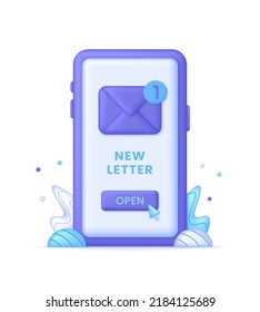 3D Email envelope icon with notification new message illustration. New notification arrived. Notification concept of new message. Unread email. Modern vector in 3d style.