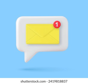 Icono de correo electrónico 3d sobre burbuja blanca. Boletín amarillo envuelto, notificación de recordatorio de mensaje de correo con marcador rojo. Sms entregados. Ilustración vectorial.