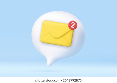3d Email icon on white bubble. Newsletter yellow envelop, mail message reminder notification with red marker. Delivered sms. Vector illustration.