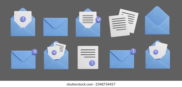 Icono de cartas de correo electrónico 3d conjunto aislado en oscuro. Sobres de correo electrónico 3d azul con letras y nuevas señales de notificación de mensajes. Abrir y cerrar símbolos de buzón de correo, bandeja de entrada de boletines, spam y pesca.