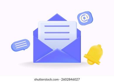 3d Email notification concept with blue open envelope, message, and alert icons. email marketing, communication, newsletter. vector illustration