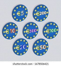 3D emblems with different euro denominations from 5 to 500 and a stylistic EU flag