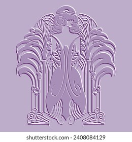 3d emboss beautiful woman silhouette with vintage flowers in art nouveau style. Vector textured surface violet background. Old retro antique style relief ornaments. Element. Embossed grunge texture.