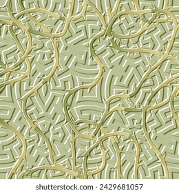 3d emboss celtic greek style ornamental seamless pattern with squiggle branches and sharp thorns. Surface modern embossed vector light green background. Tribal ethnic floral abstract trendy ornaments.