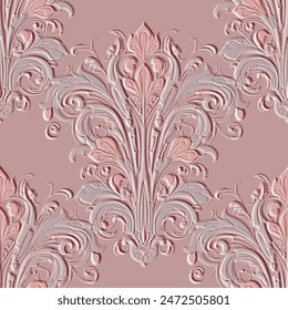 3d emboss pink Vintage art nouveau floral seamless pattern. Vector ornamental Damask style textured surface background with embossed vintage flowers, leaves, ornaments. Relief grunge endless texture.