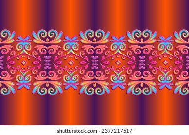 Borde 3D Seamless lujoso batik étnico dayak tradicional Java indonesia con hermosas flores línea de diseño gradiente de arte 