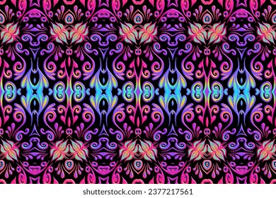 Borde 3D Seamless lujoso batik étnico dayak tradicional Java indonesia con hermosas flores línea de diseño gradiente de arte 