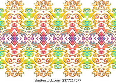 Borde 3D Seamless lujoso batik étnico dayak tradicional Java indonesia con hermosas flores línea de diseño gradiente de arte 