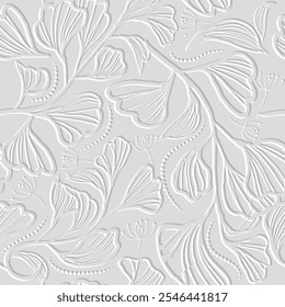 3d Emboss textured hand drawn floral line art seamless pattern with flowers, leaves, branches. Vector embossed white background. Repeat fabric pattern. Surface relief leafy ornaments. Endless texture.