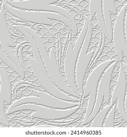 3D prägen strukturierte, leafy blumengezeichnete, nahtlose Weiß-Muster. Oberflächenlinien Blumen mit Prägung von Gitter, Vektorhintergrund. Blumen zeichnen lässt 3D-Ornament mit Prägung. Endlose Textur.